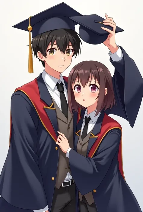  Japanese Animation, Lucina is wearing a bachelor suit ， she is taking a graduation photo with her boyfriend ， he is wearing a bachelor uniform and holding a bachelor hat