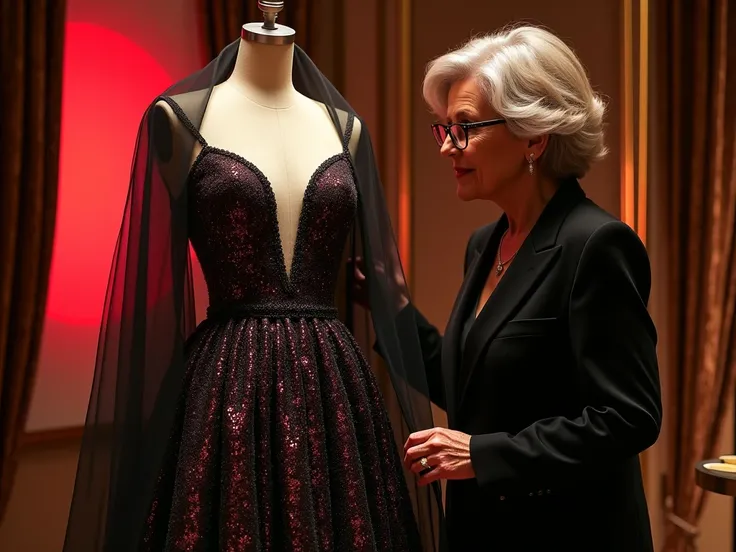 "An ultra-realistic and glamorous image of a luxurious, partially hidden high-fashion dress on a mannequin. The dress is intricately detailed, with sparkling sequins and a flowing train, but partially covered by a translucent black veil. A wealthy woman ov...