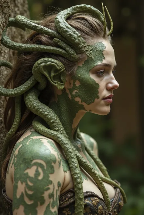 Craft a contemporary reimagining of Medusa where she is neither victim nor monster, but a complex figure navigating modern society. Her transformation should be portrayed as both a burden and a source of power. Focus on how she uses social media and digita...