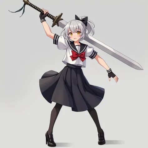 Teenage girl holding giant sword, Grayish blonde hair,  Tie Short Pony , Black Tie Bow ,  yellow eyes,  black sailor suit , White shirt, Short sleeve shirt,  Floating Waistcoat , Red Bow Shirt , Black skirt ,Black tights,  Black School Shoes , High heels