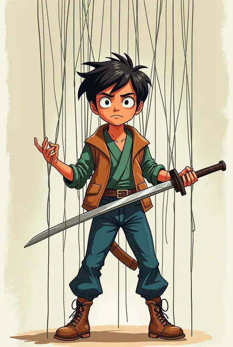  A swordsman being a puppet controlled by strings,cartoon style  