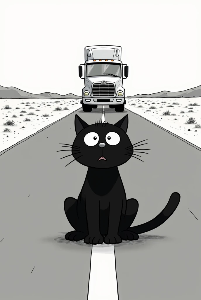 There is a road, a black cartoon cat is sitting in the middle of the road, and a truck is coming after him to hit him.