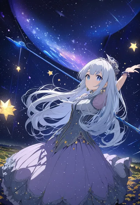 Masterpiece,best quality,ultra detailed,anime style,A starry night, a meteor shower, a young girl, silver hair, a witchs hat, a witchs clothes, long hair, star-shaped earrings, floating in the air, waving a staff, a large number of meteors falling towards ...