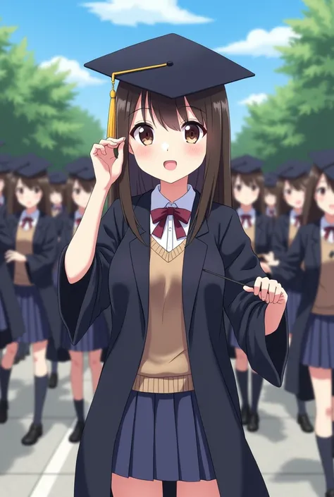  Japanese Animation, Female students are wearing bachelor uniforms ， She is taking graduation photos with many students ，The background is in the school playground， They are wearing bachelor uniforms and holding bachelor hats