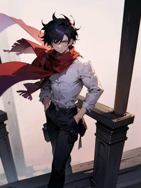 1male, Spiked Messy Black Hair, Somber expression, Purple Eyes , White Fitted Longsleeve Shirt ,Ear Piercings, Red Scarf, Teen Male, lean muscular build, black cargo pants, Standing Ontop of a pillar, perfect generation, Village Background , Detailed Backg...