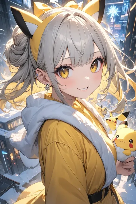 （masterpiece, best quality:1.2), (absurdres,  highres icon, ultra-detailed), (perfect anatomy), 
1 Japanese ( Pokémon Pikachu) woman,(( Pokémon Pikachu)),Personification,（Pikachu）,smiling
22yo,beautiful eyes00 , 
 ((multicolored hair , dark  yellow hair,  ...