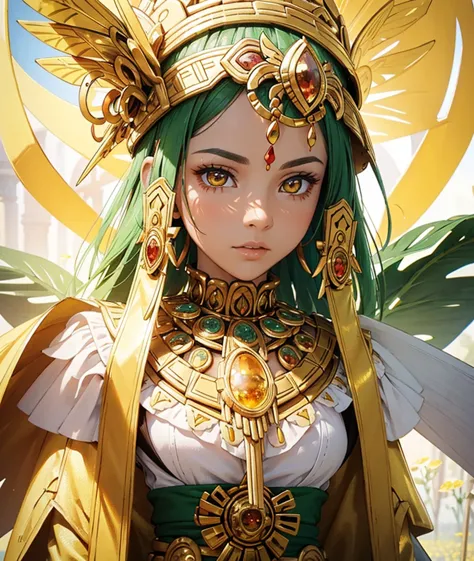 in a beautiful flowers field a beautiful mature woman lying in a field of beautiful white, yellow and gold flowers. . she has a traditional outfit of Aztec people his eyes are visible. she has magnificent ultra detailed golden eyes, her pupils are dilated ...