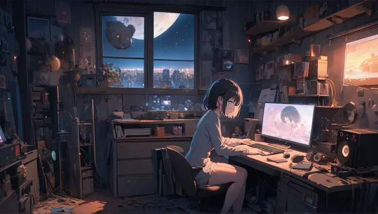  beautiful 1girl , Alone,  with a soft smile on her face A flat breasted ,  short hair ,  black hair,  blue eyes,  beautiful description, girl is sitting in front of a computer in a comfortable bedroom., Girl listening to music in a cozy room  (night), A l...