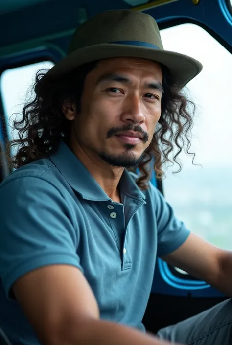 Reaalis Jono Curly Hair Sampe Waist Photos ((orang jawa))  wearing a polo shirt  , wearing a hat  ,((curly hair))  shoulder-to-shoulder piloting a blue helicopter