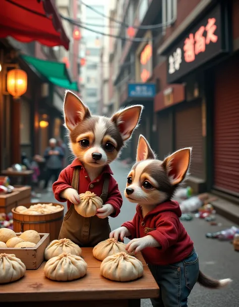 A chihuahua boy and a Jack Russell Terrier girl arranging finished Chinese buns at a food stall outside