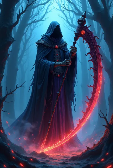 A towering, ominous figure cloaked in a flowing black and dark violet robe with intricate patterns and glowing crimson accents that resemble blood veins running through the fabric. The figures hood completely obscures their face, emanating an aura of myste...