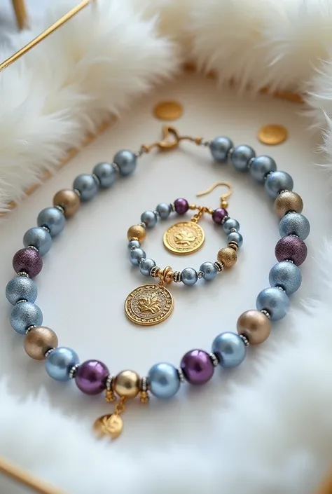 "Créez une image mettant en scène un ensemble de bijoux artisanaux élégants, comprenant un collier, un bracelet et des boucles doreilles, fabriqués avec des perles scintillantes de différentes couleurs telles que bleu clair, violet et argenté. Les bijoux d...