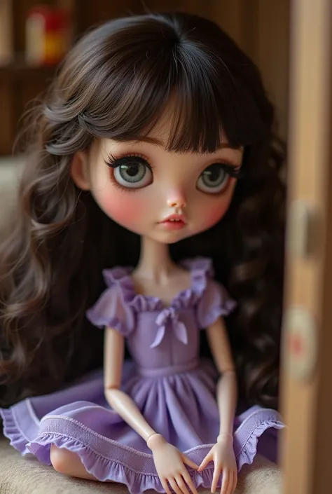 Blythe doll with long curly hair with bangs, dark brown hair, gray eye color, eyes to the left, wearing a purple blouse, background in a cottage room 