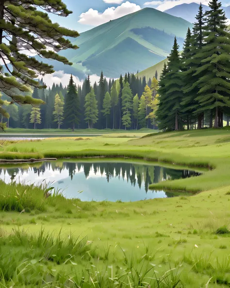 A lake in the middle of a grassy meadow near a few trees.