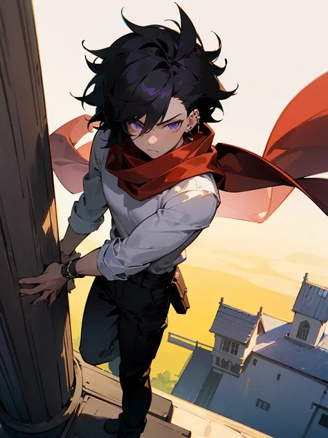 1male, Spiked Messy Black Hair, Somber expression, Purple Eyes , White  Longsleeve Shirt ,Ear Piercings, Red Scarf, Teen Male, lean muscular build, black cargo pants, Standing Ontop of a pillar, perfect generation,Sunny Village Background , Detailed Backgr...