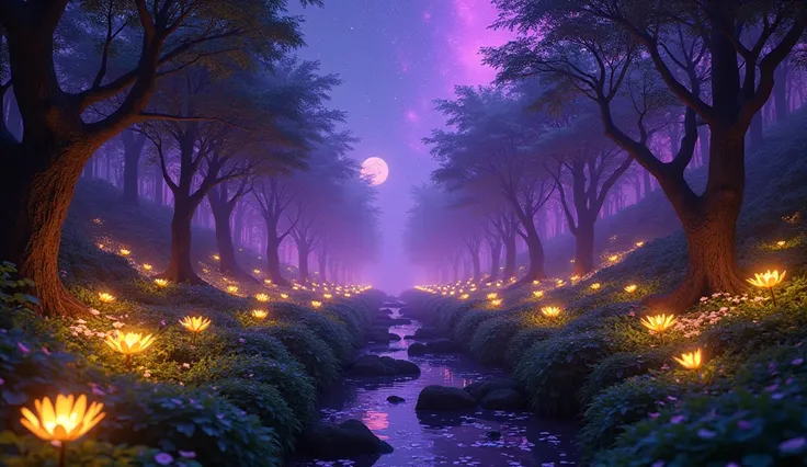 a forest without water ,  filled with luminous flowers of violet light , (night)),  the forest is covered with violet fluorescent light , ( Lots of beautiful gold-colored plants, like golden glass ,  are scattered throughout the forest , HD forest quality ...