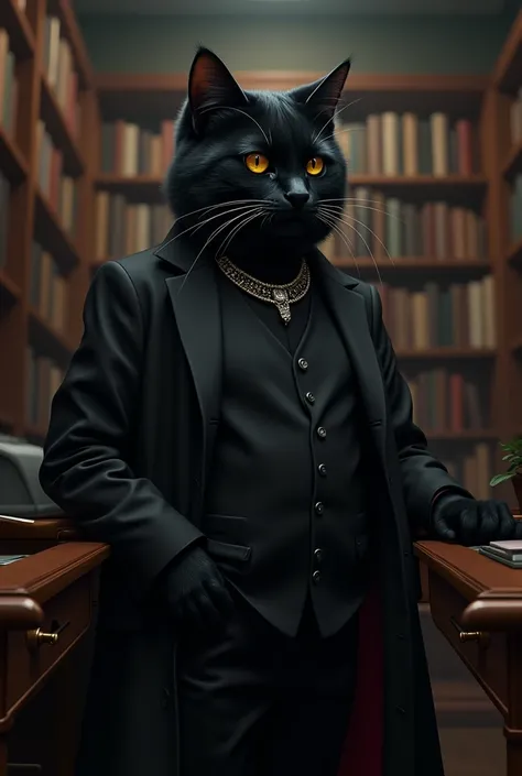 Office room  main black cat hai dress pehna howa h pent shirt table ki daraz kholi hoi h  blak cak k hath main necklace hai black cat k muu par mask hai background main kitabian h