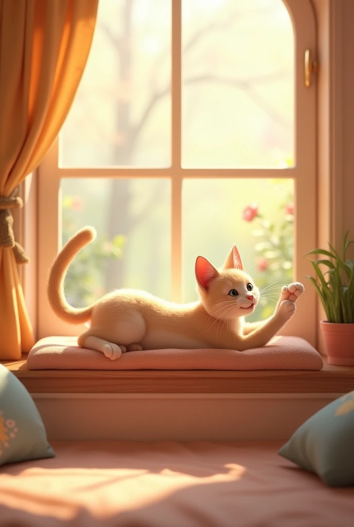 an animation, 3d,A cozy indoor setting. A cat stretches lazily on a sunny windowsill, then licks its paw to groom itself.