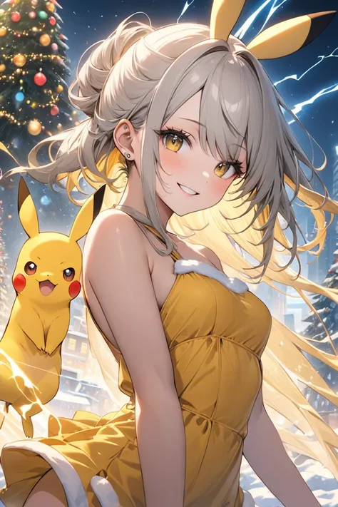 （masterpiece, best quality:1.2), (absurdres,  highres icon, ultra-detailed), (perfect anatomy), 
1 Japanese ( Pokémon Pikachu) woman,(( Pokémon Pikachu)),Personification,（Pikachu）,smiling
22yo,beautiful eyes00 , 
 ((multicolored hair , dark  yellow hair,  ...