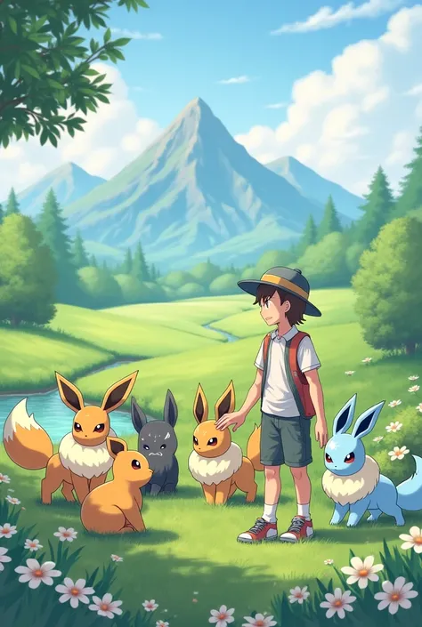 An eevee ,  trainer taking care of eevees and their evolutions in a beautiful and tranquil landscape 