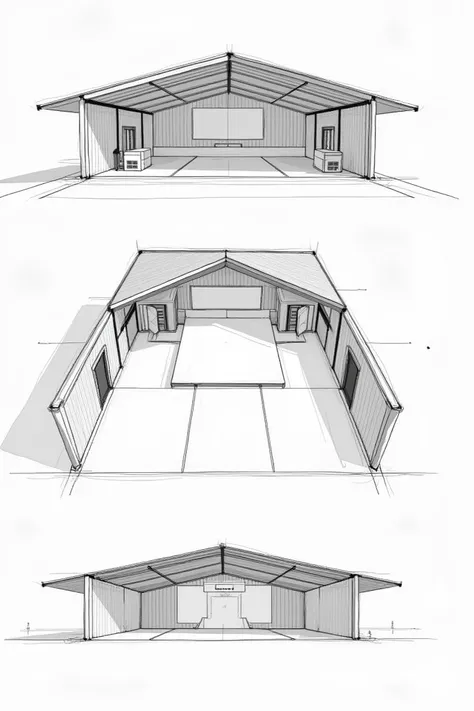 Act as a draftman and sketch a front, end and plan for a proposed renovation works. Two air conditioners between two windows at the back, two windows on each side, stage at the center and two entery doors. Walls are made of aluminum roofing sheet 