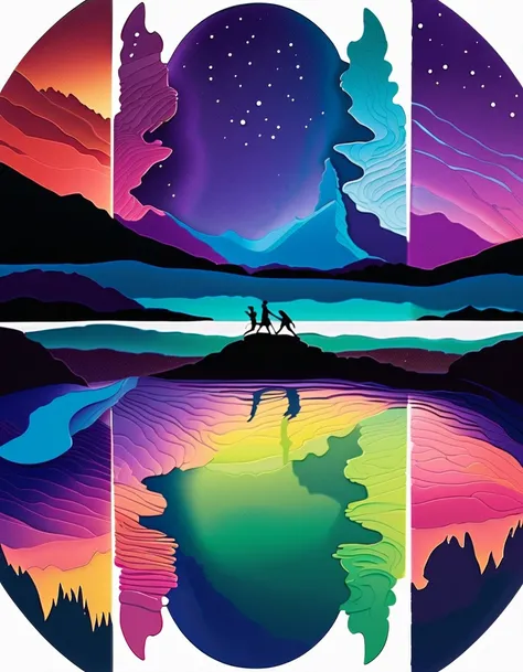 Shadow art, silhouette art, everything except the shadows is colored with colored cellophane, breathtaking Aurora Borealis lighting up the sky over a majestic glacier, Purple-blue-green gradient aurora, masterpiece, colored cellophane glacier, Silhouette m...