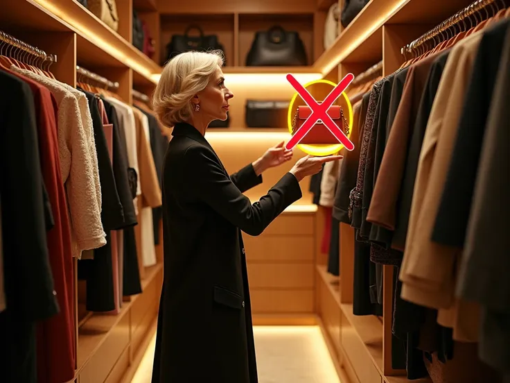 "An ultra-detailed image of a massive walk-in closet, with racks of designer clothes and handbags. A wealthy woman over 50 stands in the center, looking over her shoulder with an exaggerated expression of surprise and one hand pointing toward a hidden comp...