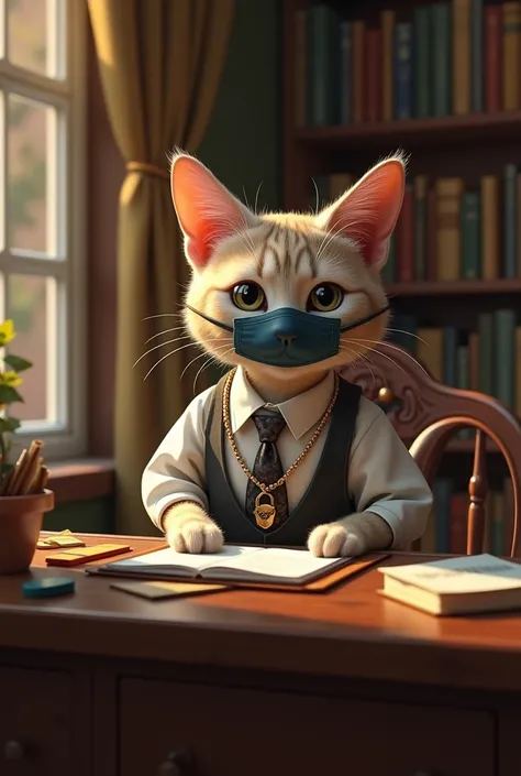 Office room  main cat hai dress pehna howa h pent shirt table ki daraz kholi hoi h  cak k hath main necklace hai  cat k muu par mask hai background main kitabian h