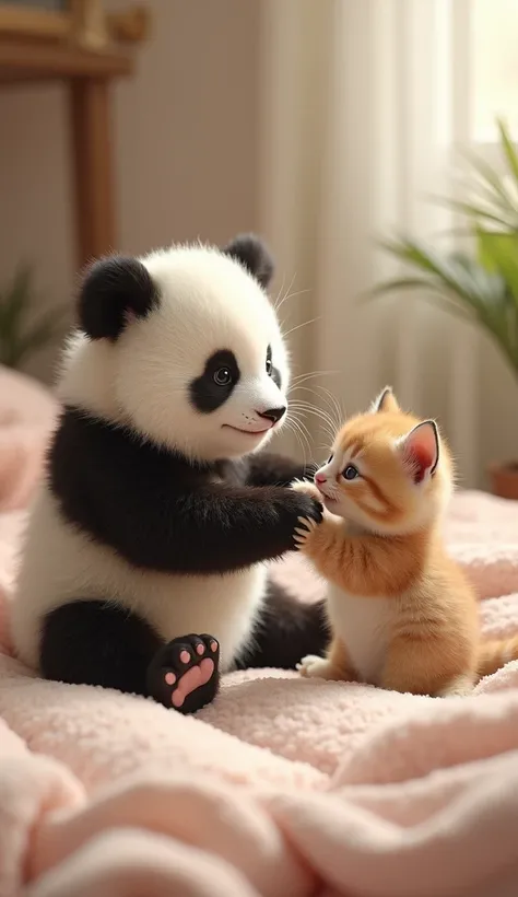 bayi panda bermain dengan kitten, play in bed