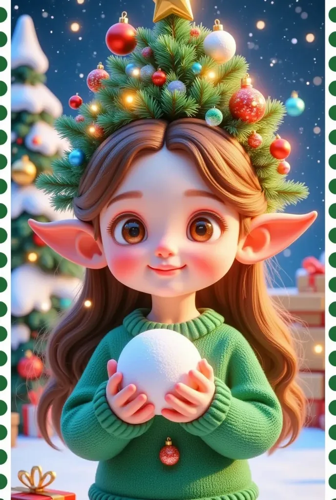 alafi girl in a green sweater holding a snowball in front of a christmas tree, 年轻cute girl, soft and cute virtual anchor, cute的年...