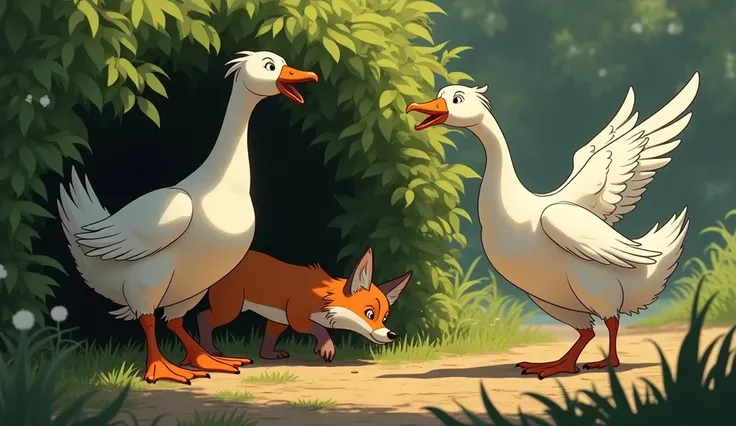 Accident , bravely calling out to the foxes ,  other geese hide behind the bush. Tilki lideri gülerek Accident ’ya bakıyor, Draw in animation style but realistic.