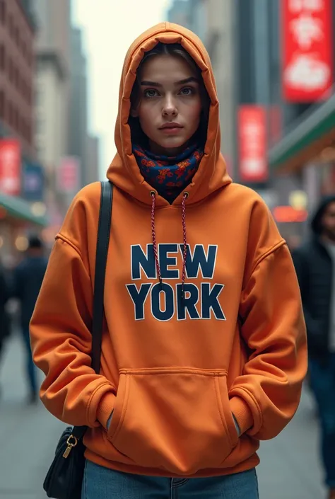 musluman woman   ,  wears hoddie that says new york on top.  should look cool  . A young woman.