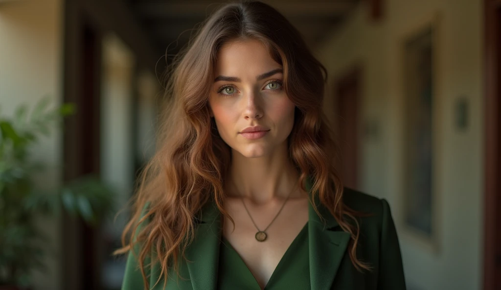 Realistic portrait of a very beautiful , fair-skinned with long, wavy brown ,  hair and expressive green eyes, wears a green dress with a blazer  . She is very happy in her company .   cinematographic composition , trend in art station
