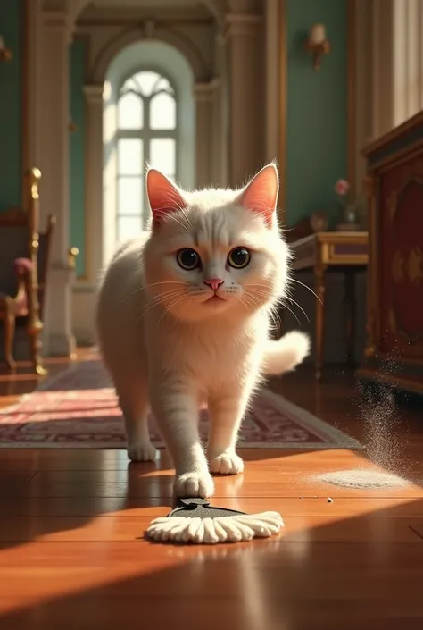 a cat in a bulding cleaning floor