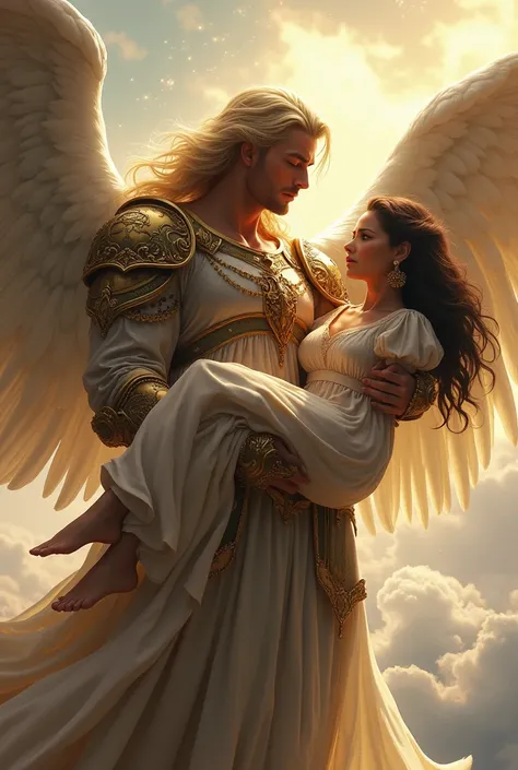 Long haired blonde blue eyed armored male angel carrying black haired brown eyed latina woman