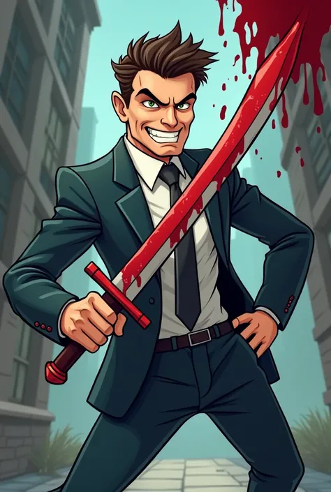 A man in a suit with a blood-stained sword cartoon style 