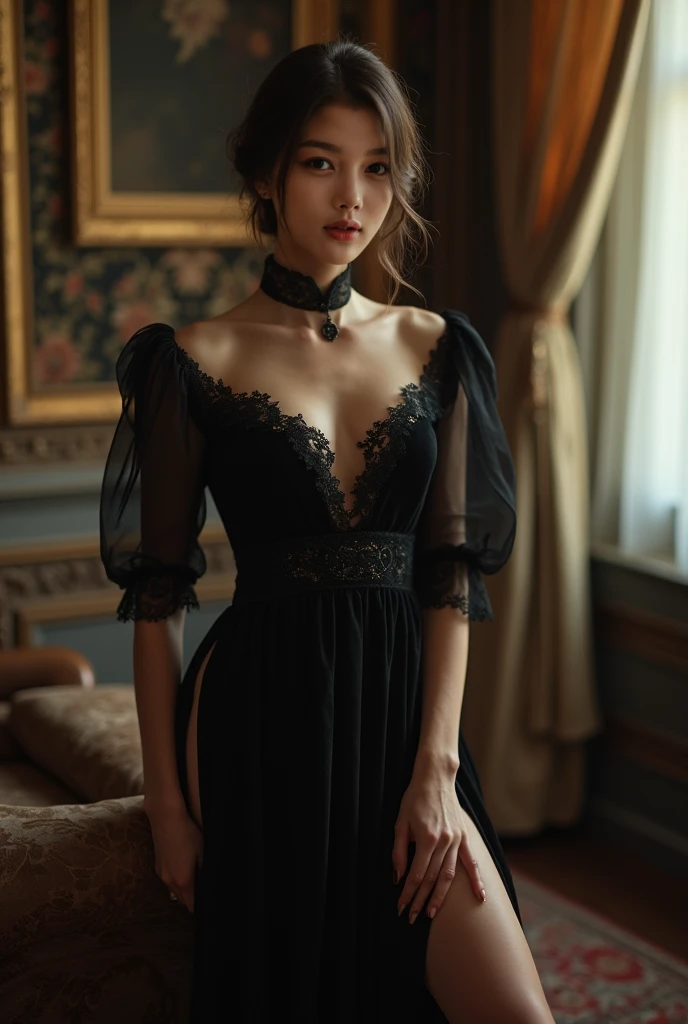 RAW Photos, solo sexy aristocratic woman, 19 years old, Wore period drama costumes, Russia, wearing black long traditional cheongsam dress, 20th century AD, perspective, full body Details, sexy long legs, sharp concentration, Slight mixing,  Details, (Very...