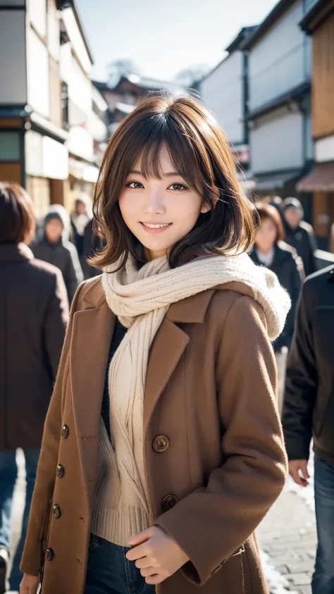 highest quality、genuine、Super detailed、finely、High resolution、8k wallpaper、one beautiful japanese woman Walking  through the scramble intersection.、light brown disheveled hair、sharp focus、perfect dynamic composition、beautiful and detailed eyes、thin short h...