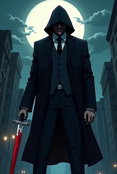 A man in a mysterious suit with a sword stained with blood at night cartoon style 