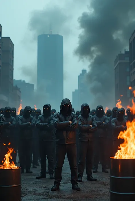 A large group of men, all masked, standing together with arms crossed in a threatening posture. In the background, a modern urban setting resembling Berlin with tall buildings partially obscured by thick smoke in shades of blue and white. The scene is omin...