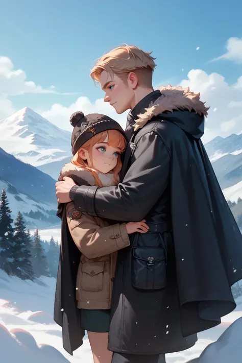 girl and young man,The young man is wearing a black cloak and a deep hood to hide his eyes,The girl is wearing a black coat, snowy mountains