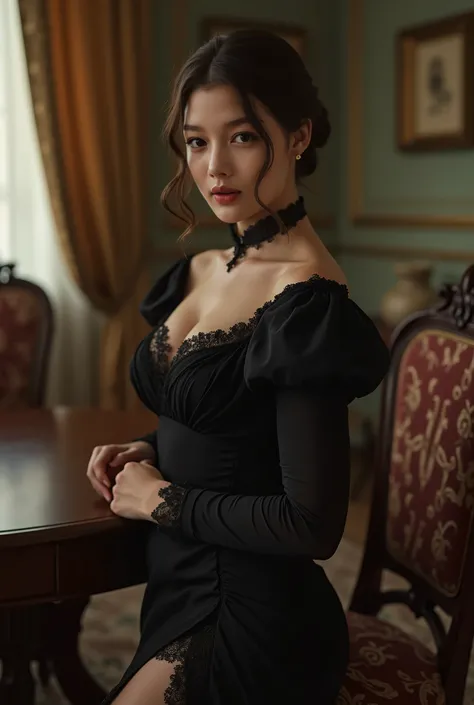 RAW Photos, solo sexy aristocratic woman, 19 years old, Wore period drama costumes, Russia, wearing black long traditional cheongsam dress, 20th century AD, perspective, full body Details, sexy long legs, sharp concentration, Slight mixing,  Details, (Very...