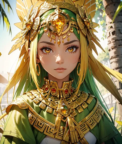 in a beautiful flowers field a beautiful mature woman lying in a field of beautiful white, yellow and gold flowers. . she has a traditional outfit of Aztec people his eyes are visible. she has magnificent ultra detailed golden eyes, her pupils are dilated ...