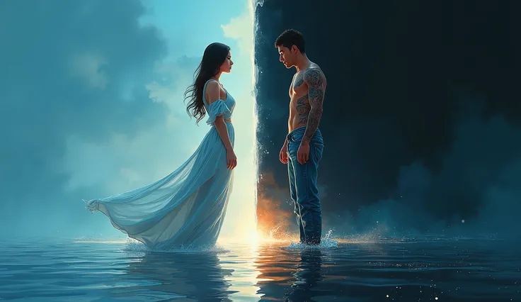 "A dramatic illustration of thai man and thai woman standing apart, representing oil and water. The woman stands on a reflective water surface, wearing soft blue and white tones, with a serene yet sorrowful expression. The man with tattoo stands on a dark,...