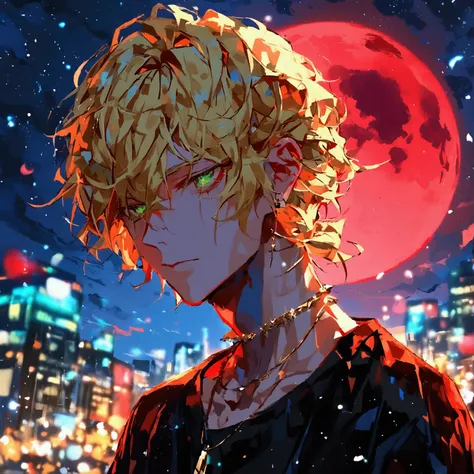 Alone, 1 male,Blond hair with red inner color  ,   ,  ponytail,Good person,Light green eyes,   black shirt  , Gold Necklaces  ,  oversized shirt,  raise your face, night,star,Red Moon,
  black background