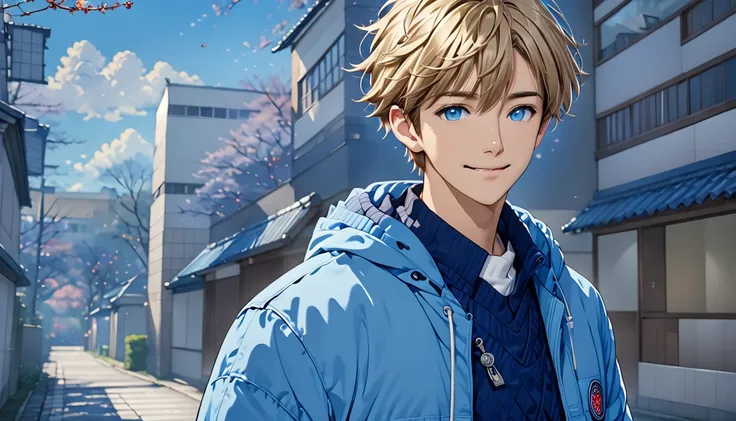 Blue hoodie, school uniform,  two boys(A high-quality character in the style of a popular Japanese anime, drawn with thin, detailed lines and vibrant colors. The character is a cute male figure with short, shaggy blonde hair and bright blue eyes, wearing a...