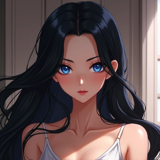 Solo women,  boobs, qualityที่ดีที่สุด,  Details,  high resolution, quality, Long hair, Black hair, smile,  blue eyes ,  private view, queen,Best Quality , สไตล์อนิเมะ, ภาพเต็มตัว,เดินแบบ