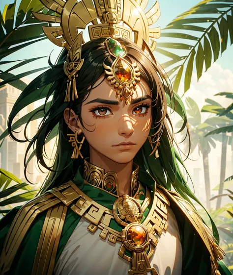 in an amazonian golden city  a beautiful man walks lightly. he has a traditional outfit of Aztec people his eyes are visible. he has magnificent ultra detailed golden eyes, his pupils are dilated and isr iris ultra detailed and a magnificent amber color wi...