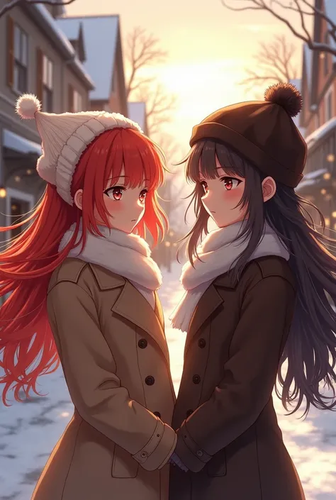  A very beautiful teenage girl with red hair with a very beautiful teenage girl with dark brown and white hair. Winter clothes. street. Sunny weather . Photography 