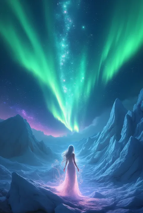 An enchanting scene of a vibrant aurora borealis sweeping across the night sky, painting it with hues of green, purple, and pink, casting an ethereal glow over a massive crystalline glacier below. The glacier shimmers in turquoise and icy blue tones, refle...